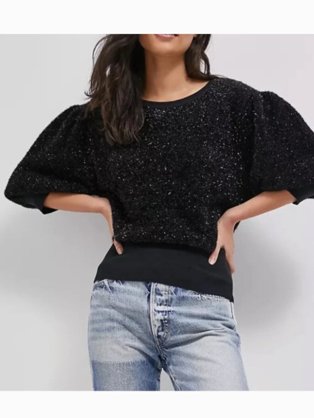 Maeve Pamela Tinsel Shimmer Crop Sweater Black, Size XS